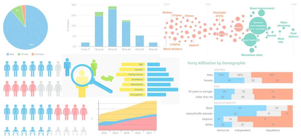 Graphic collage of data charts showing gender, age groupings, purchases, political view and other demographic information.